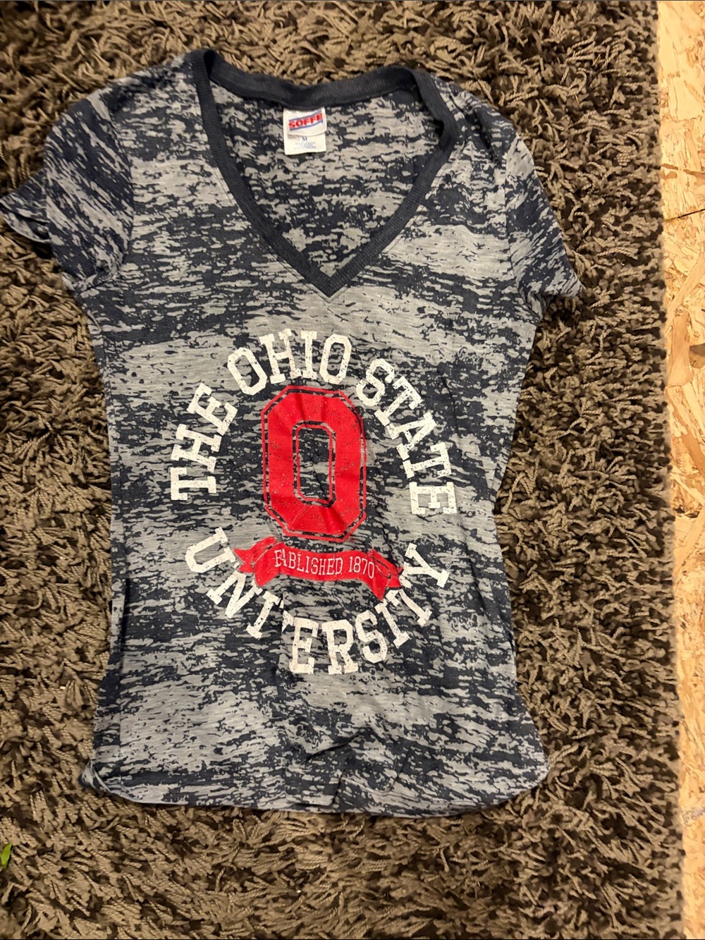 Soffe Navy Burnout V-Neck Tee with Red Ohio State 'O'